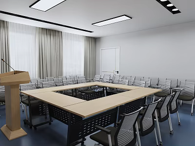 Modern Conference Room With Large Table Chairs Podium And Ceiling Lights 3d model