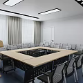 Modern Conference Room With Large Table Chairs Podium And Ceiling Lights 3d model