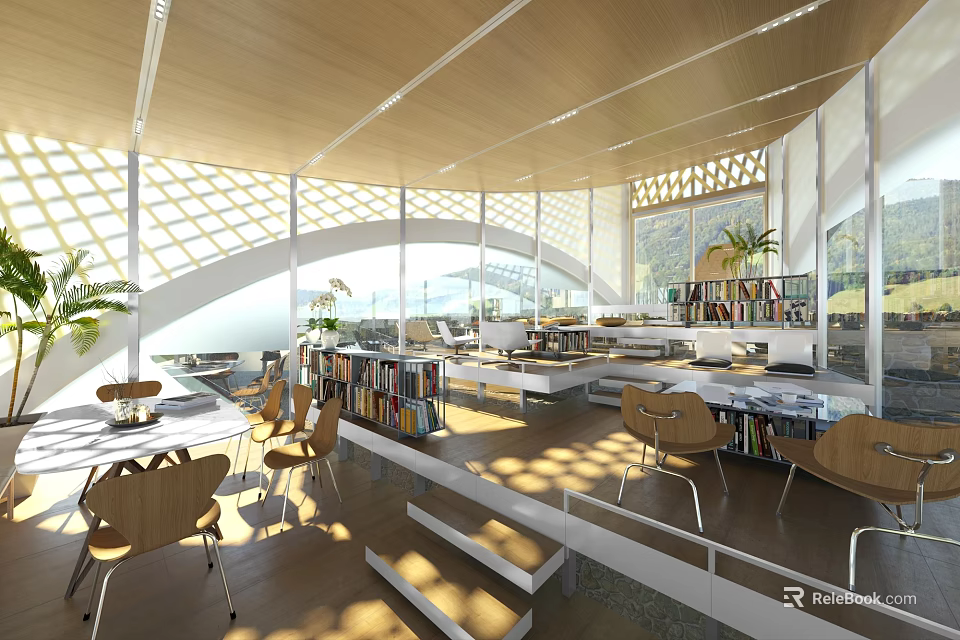 Modern Library Interior Art Design With Bookshelves And Natural Light 3d model 