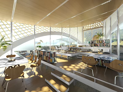 Modern Library Interior Art Design With Bookshelves And Natural Light 3d model
