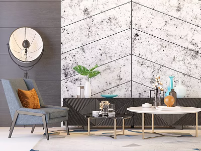 Modern TV Stand With Geometric Accent Wall Green Plant Coffee Table And Decorative Vases 3d model