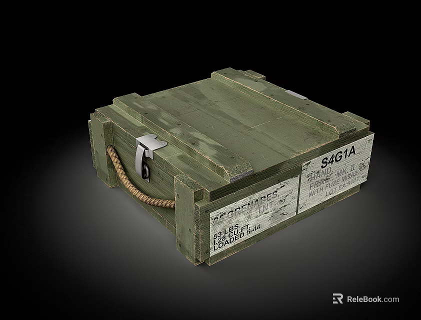 Military Weapon Storage Crate With Green Wooden Body SAGTA Label Rope Binding And Text Details 3d model 