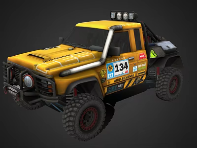 Yellow Modified Off Road Truck With Number 134 Roof Lights And Big Tires 3d model