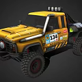 Yellow Modified Off Road Truck With Number 134 Roof Lights And Big Tires