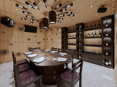 Wine Cellar Themed Dining Room With Round Table Wooden Walls And Wine Racks 3d model