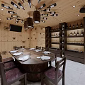 Wine Cellar Themed Dining Room With Round Table Wooden Walls And Wine Racks