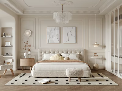 Elegant Modern Bedroom Interior With Beige Upholstered Bed Artwork And Chandelier 3d model