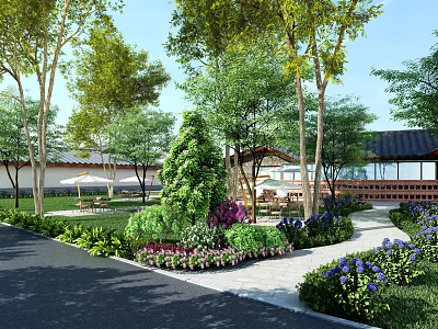 Beautiful Garden Landscape With Lush Trees Colorful Flowers And Winding Path 3d model