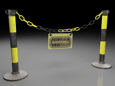Yellow And Black Striped Posts With Chain Barrier And Warning Sign 3d model