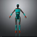 Turquoise Metallic Robot 3D Model With Red Accents And Humanoid Structure