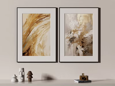 Abstract Golden Beige Framed Wall Art With Two Paintings And Small Decor 3d model