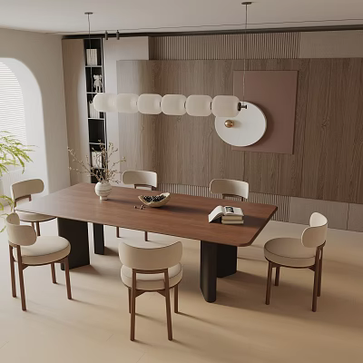 Modern Dining Table Set With Wooden Chairs Pendant Light And Textured Wall 3d model