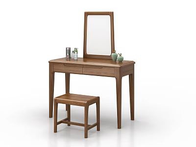Minimalist Wooden Dressing Table with Mirror Stool and Cosmetic Bottles 3d model