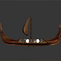 Ancient Wooden Boat with Dragon Head Prow Brown Sail and Rowing Oars on Reflective Surface
