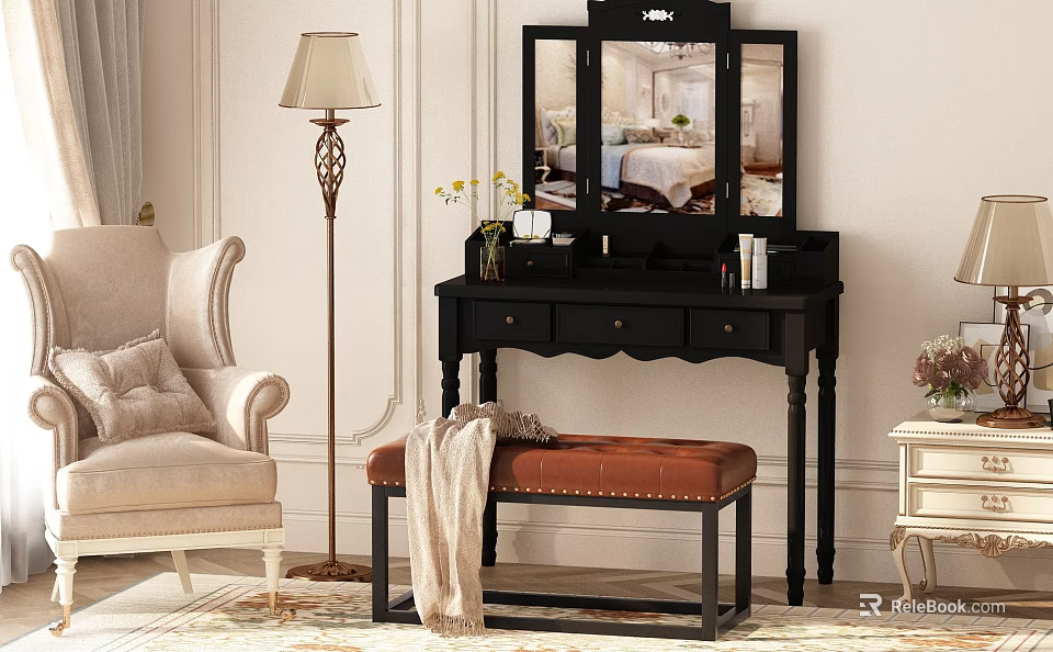 Elegant Vintage Dressing Table With Mirror Stool Decorative Flowers And Floor Lamp 3d model 