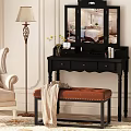 Elegant Vintage Dressing Table With Mirror Stool Decorative Flowers And Floor Lamp