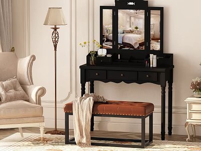 Elegant Vintage Dressing Table With Mirror Stool Decorative Flowers And Floor Lamp 3d model