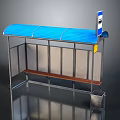 Modern Bus Stop With Blue Roof Metal Frame Wooden Bench Waste Bin And Signboard
