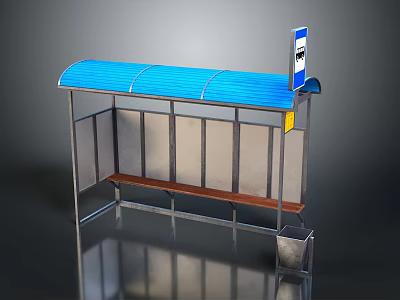 Modern Bus Stop With Blue Roof Metal Frame Wooden Bench Waste Bin And Signboard 3d model