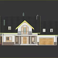 Classic House Exterior With Black Roof Yellow Trim Chimneys Steps Porch And Wooden Garage Door