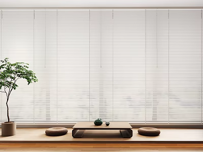 Minimalist Room Interior With White Blinds Green Plant Wooden Floor Coffee Table And Floor Cushions 3d model