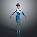 3D Character Creature Design In Blue Bodysuit With Short Hair And Chest Emblem