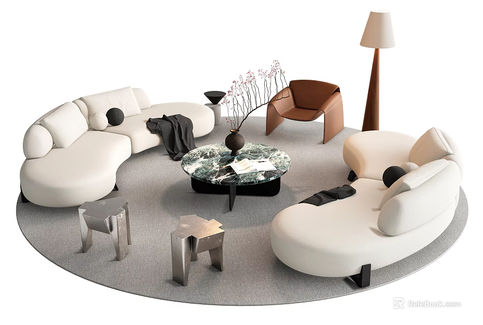 Modern Living Room White Curved Sofa And Marble Coffee Table With Black Pillows Brown Armchair 3d model 