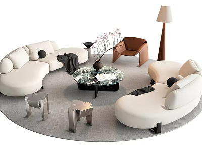 Modern Living Room White Curved Sofa And Marble Coffee Table With Black Pillows Brown Armchair 3d model