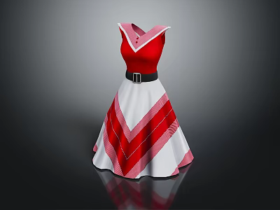 Red And White Striped Flared Dress With Black Belt And Collar Design 3d model