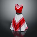 Red And White Striped Flared Dress With Black Belt And Collar Design