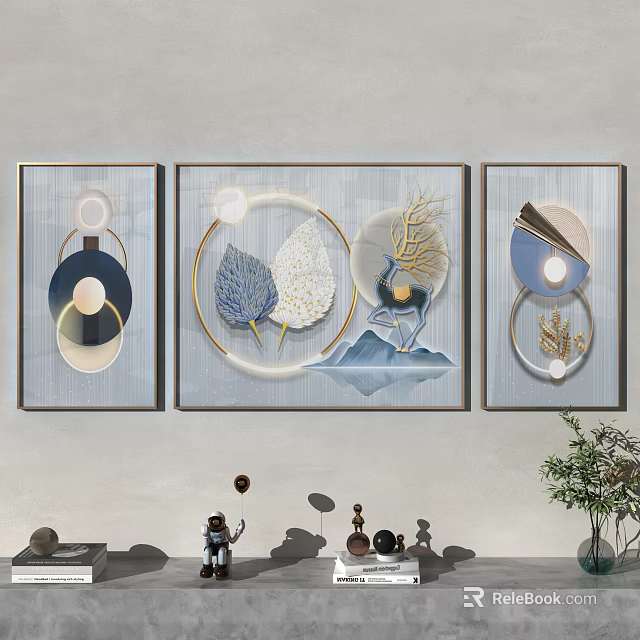 Modern Decorative Wall Art With Three Framed Paintings Geometric Leaf Mountain Elements 3d model