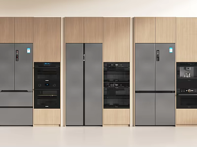 Modern Kitchen Interior Design Featuring Built in Stainless Steel Refrigerator Freezer And Wooden Cabinets 3d model
