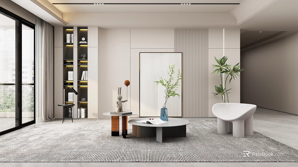 Modern Living Room Design With Bookshelf Lighting Round Coffee Table White Unique Chair Green Plants 3d model 