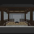 Traditional Chinese Wooden Pavilion With Classic Roof Seats And Central Table