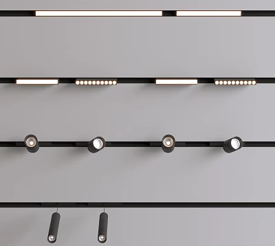 Sleek Modern Downlights And Spotlights On Black Track With Multiple Lamp Heads 3d model
