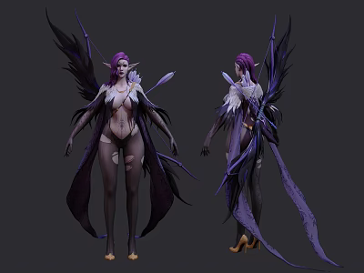 Game Fantasy Character With Purple Hair Elven Features Large Wings And Flowing Garments 3d model