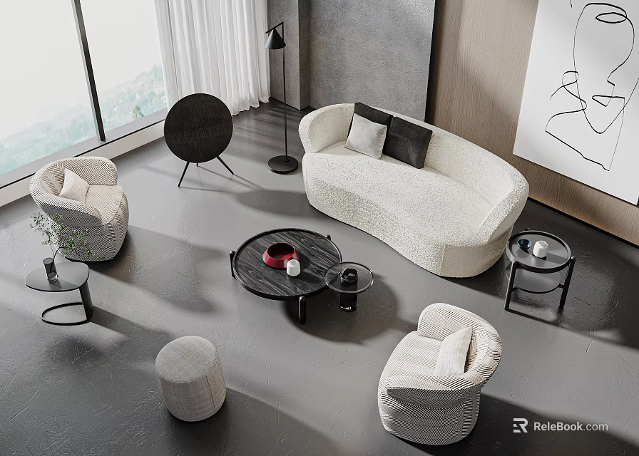 Modern Elegant Living Room Interior With White Curved Sofa And Round Coffee Table Set 3d model 