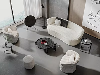Modern Elegant Living Room Interior With White Curved Sofa And Round Coffee Table Set 3d model