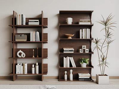Wooden Multi Tiered Shelving Units With Books Decorative Items Vintage Camera And Potted Plant 3d model