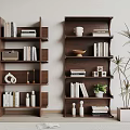 Wooden Multi Tiered Shelving Units With Books Decorative Items Vintage Camera And Potted Plant