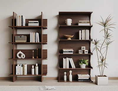 Wooden Multi Tiered Shelving Units With Books Decorative Items Vintage Camera And Potted Plant 3d model