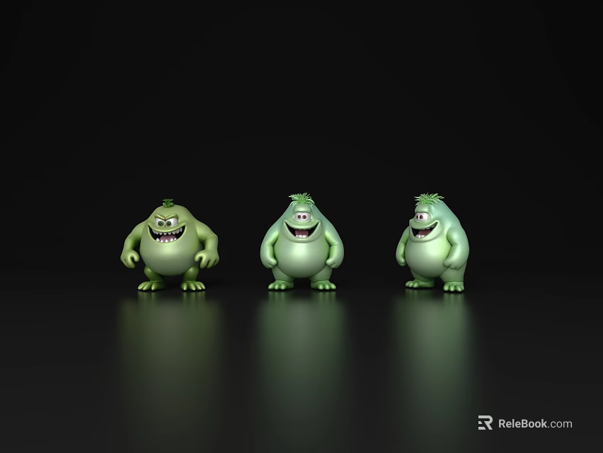 Three Green Game Movie Characters With Different Expressions Standing In Black Background 3d model 