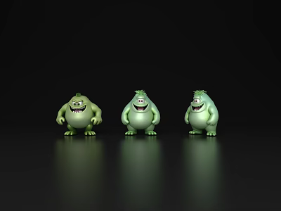 Three Green Game Movie Characters With Different Expressions Standing In Black Background 3d model