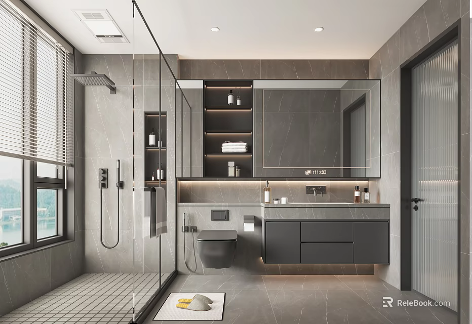 Modern Grey Bathroom With Glass Shower And Vanity 3d model