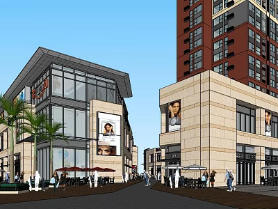 Modern Commercial Street With Pedestrians Outdoor Seating Billboards Palm Trees And High Rise Buildings 3d model