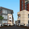 Modern Commercial Street With Pedestrians Outdoor Seating Billboards Palm Trees And High Rise Buildings