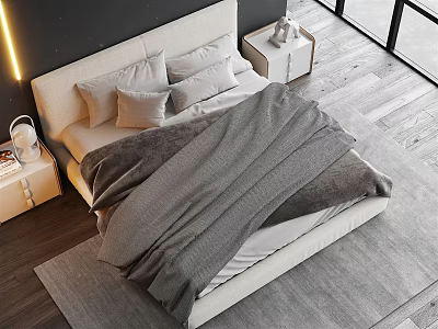 Modern Double Bed with Light Headboard Gray Blanket Pillows Nightstands Windows and Wooden Floor 3d model