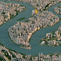 Aerial Urban Planning Layout of City with Winding River and Green Surroundings