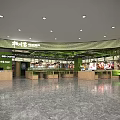 Modern Food Service Kitchen with Green Accents Multiple Counters and Food Display Areas