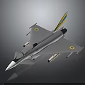Sleek Modern Fighter Jet Silver Body Yellow Blue Tail Round Emblems On Wings With Missiles